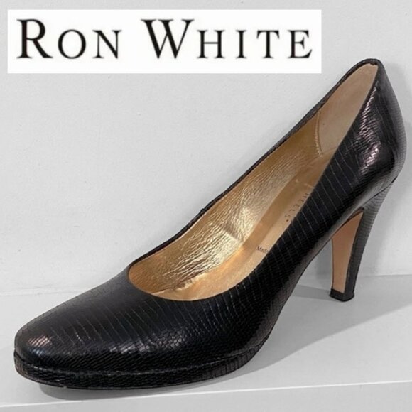 Ron White Black Snakeskin Leather Platform Heels Size 38.5 - Picture 1 of 14